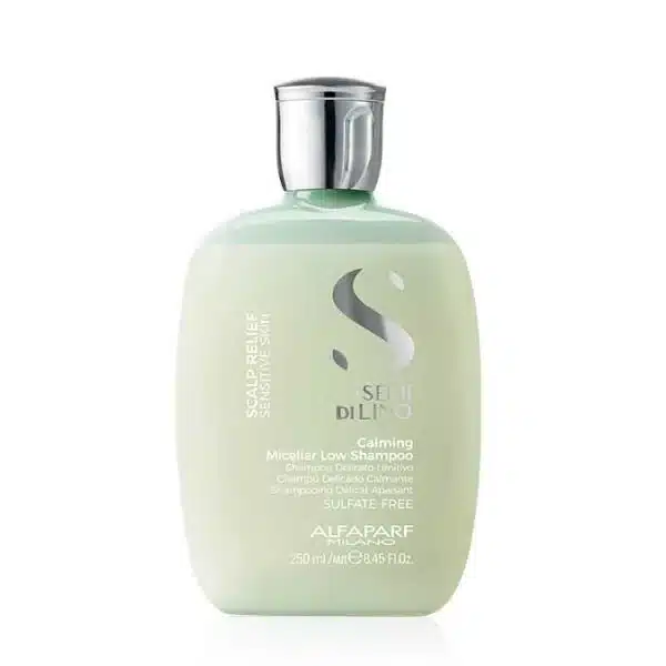 Light green bottle of Calming Micellar Shampoo with a silver cap, labeled sulfate-free.
