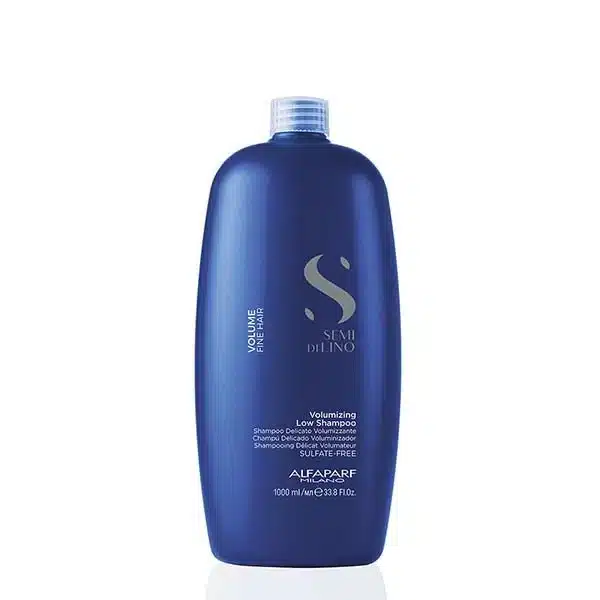 Blue Alfaparf Milano Semi Di Lino Volumizing Low Shampoo bottle for fine hair, 1000 ml.