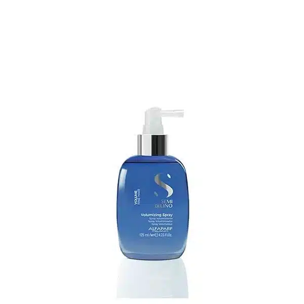 Blue bottle of Alfaparf Volumizing Spray with a white pump dispenser on a white background; hair product for volume.