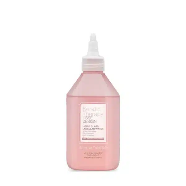 Pink spray bottle of Keratin Therapy Lisse Design Liquid Glass Lamellar Water for hair, 250 ml.