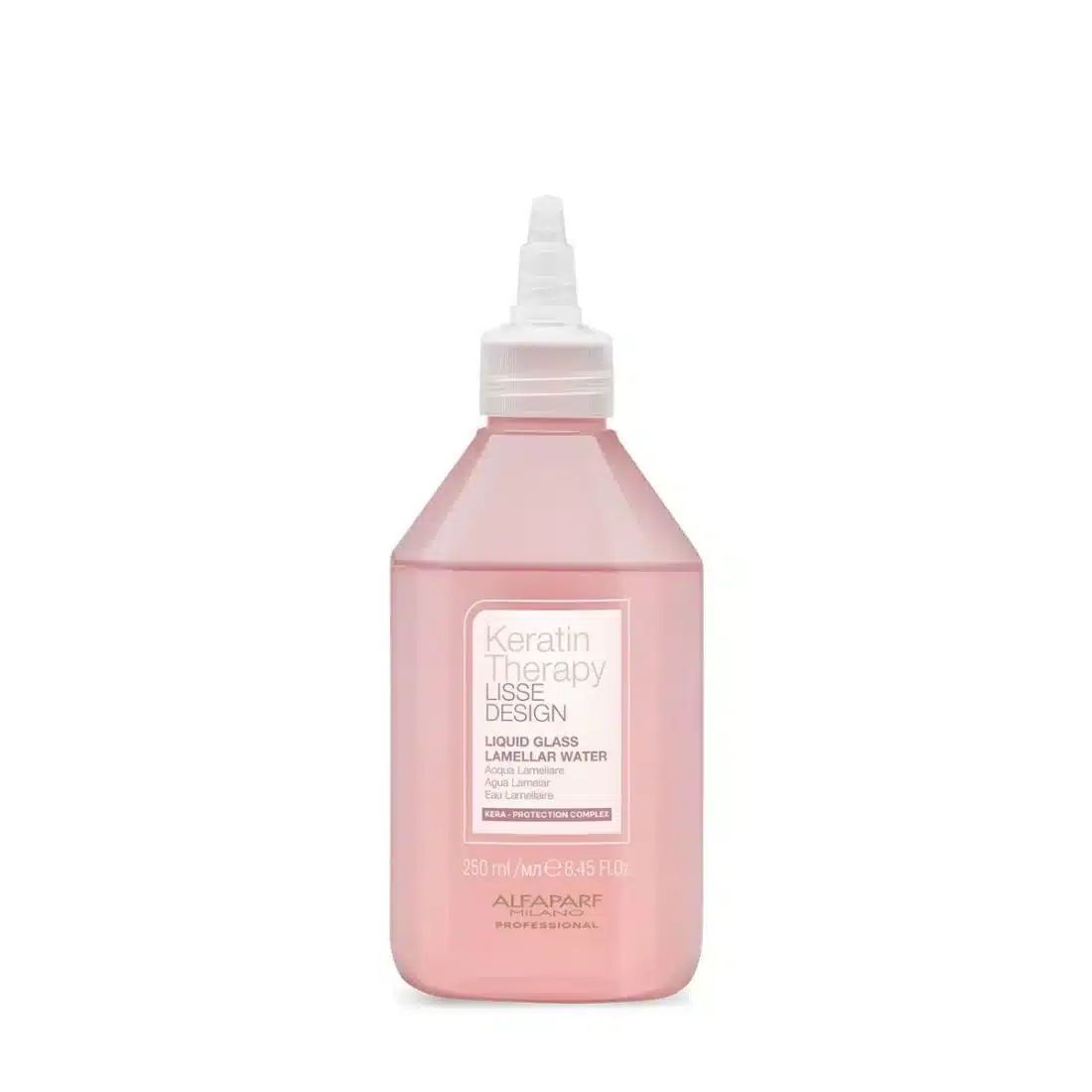 Pink spray bottle of Keratin Therapy Lisse Design Liquid Glass Lamellar Water for hair, 250 ml.