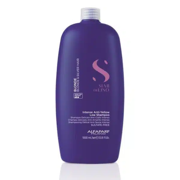 Purple bottle of Alfaparf Milano Semi di Lino Intense Anti-Yellow Low Shampoo, 1000 ml (shampoo for blonde hair)