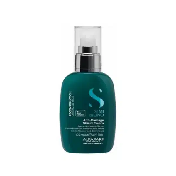 Teal bottle of Alfaparf Milano Semi di Lino Anti-Damage Shield Cream with pump dispenser (125 ml).