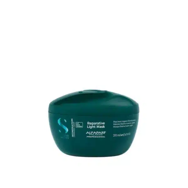 Teal jar of Alfaparf Milano Professional Reparative Light Mask for hair care with white text on label, front view.