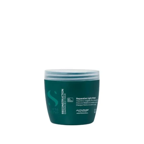Teal jar of reparative light mask for damaged hair with a light-colored lid