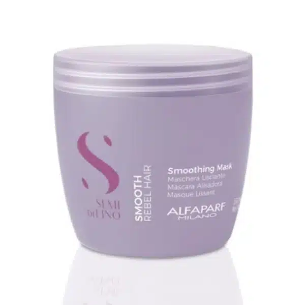 Purple jar of Alfaparf Milano Smooth Hair Smoothing Mask with logo visible on the front image. The lavender container hints at a hair care product.