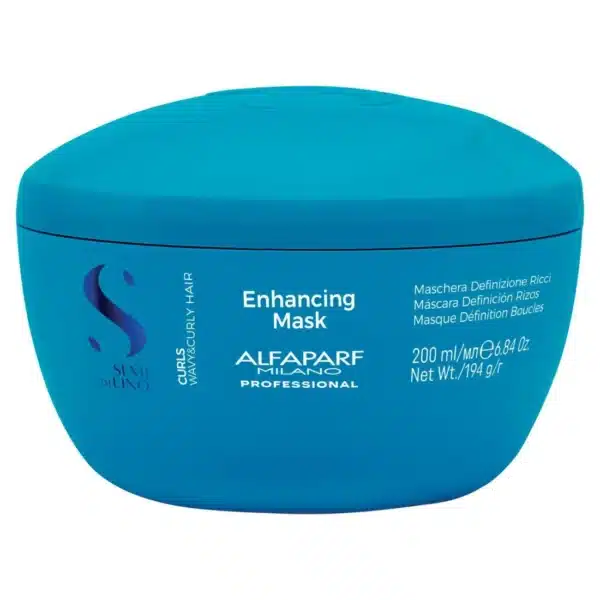 Blue jar of Alfaparf Milano Professional Enhancing Mask for curls (200 ml), front label visible.