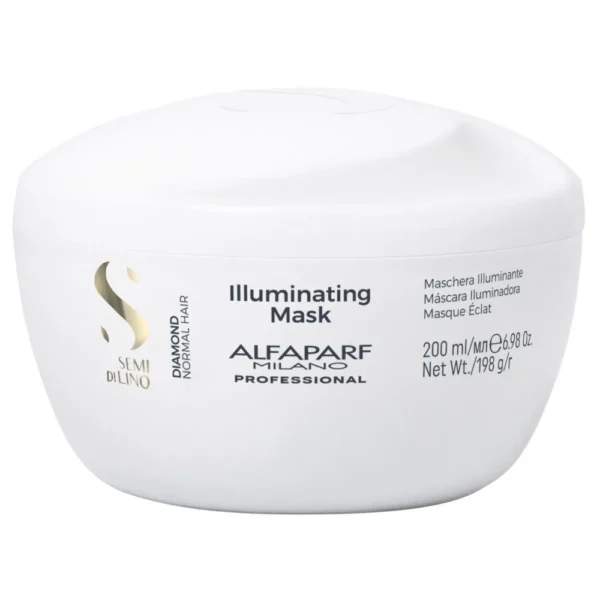 White jar of Alfaparf Milano Illuminating Mask for normal hair, 200 ml, with product label visible on the side