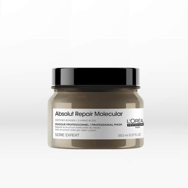 Jar of L'Oréal Absolut Repair Molecular professional hair mask with a black lid and white label on a light background (150 ml).