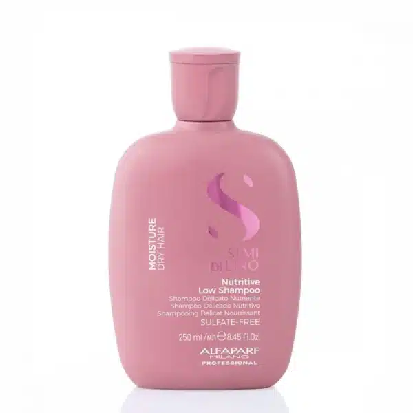 Pink Nutritive Low Shampoo bottle, sulfate-free, for dry hair (Alfaparf Milano).