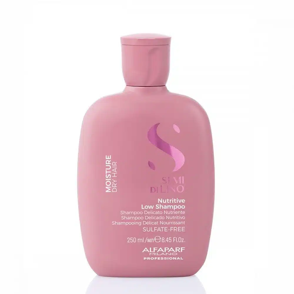 Pink Nutritive Low Shampoo bottle, sulfate-free, for dry hair (Alfaparf Milano).