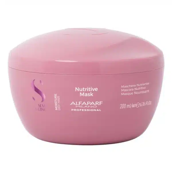 Pink jar of Alfaparf Milano Nutritive Mask for professional use, moisturizing treatment for dry hair.