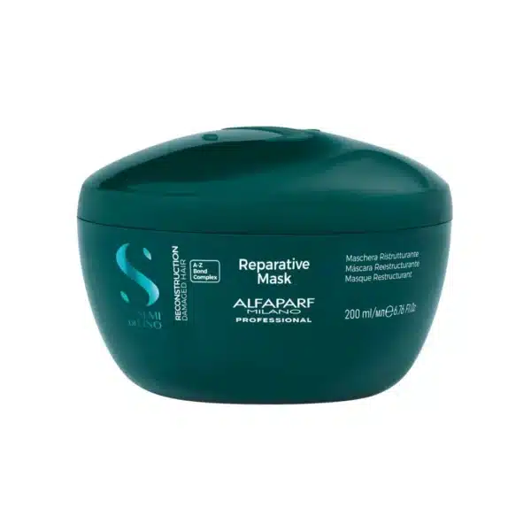 Teal jar of Alfaparf Milano Reparative Mask for hair, 200 ml, a conditioning treatment container.