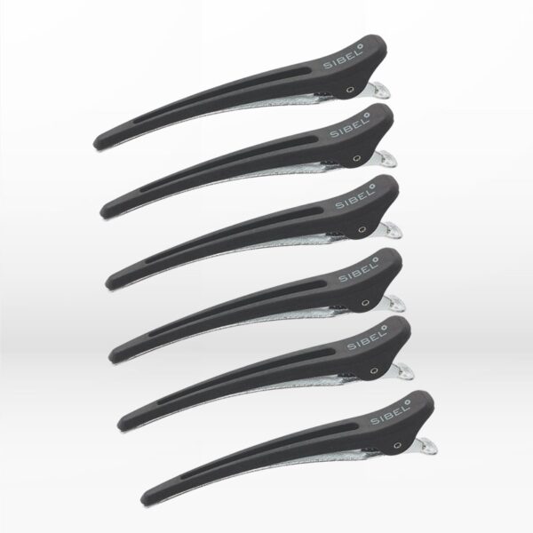 Seven black hair clips arranged diagonally in a vertical stack, with 'SIBEL' branding visible on each clip.