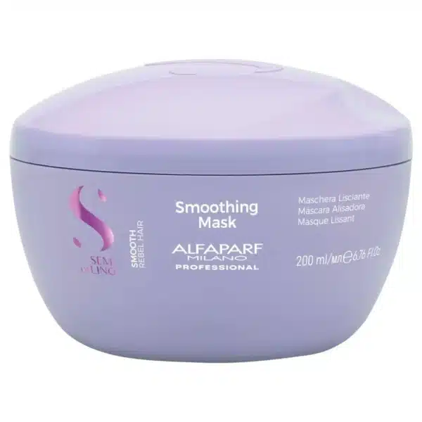 Purple jar of Alfaparf Milano Professional Smoothing Mask for frizz-free, smooth hair (200 ml).