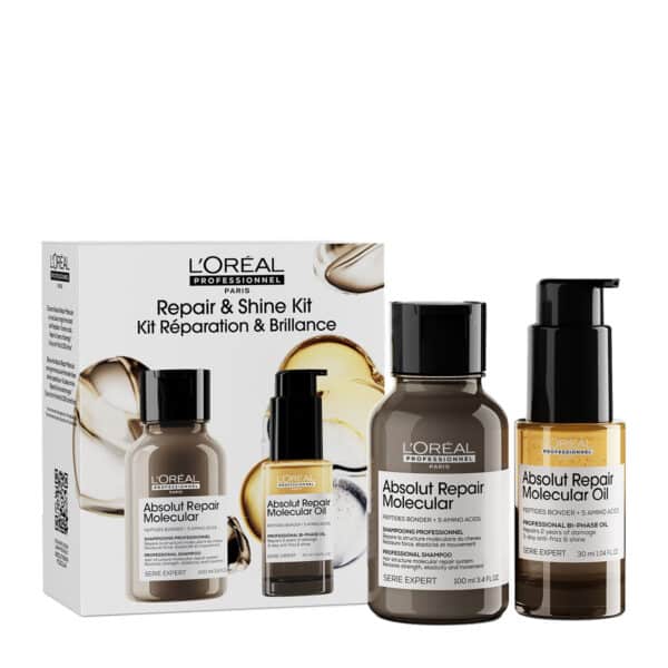 L’Oréal Professionnel Absolut Repair Molecular kit with four brown bottles and a white box behind them.