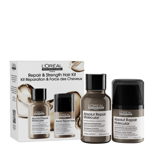 L’Oréal Professionnel Absolut Repair Molecular hair care kit with four brown bottles in front of a white box