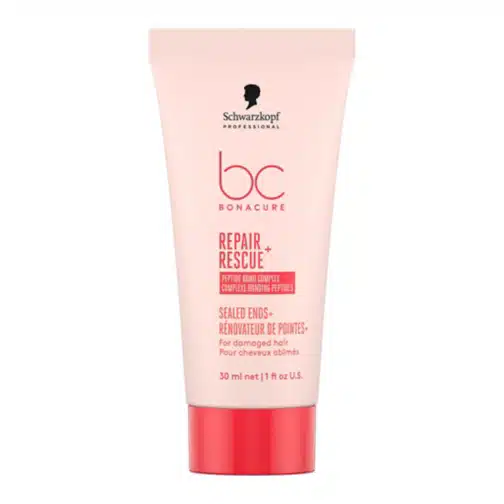 Pink tube of Schwarzkopf BC Bonacure Repair Rescue Sealed Ends hair treatment with red cap, standing upright.
