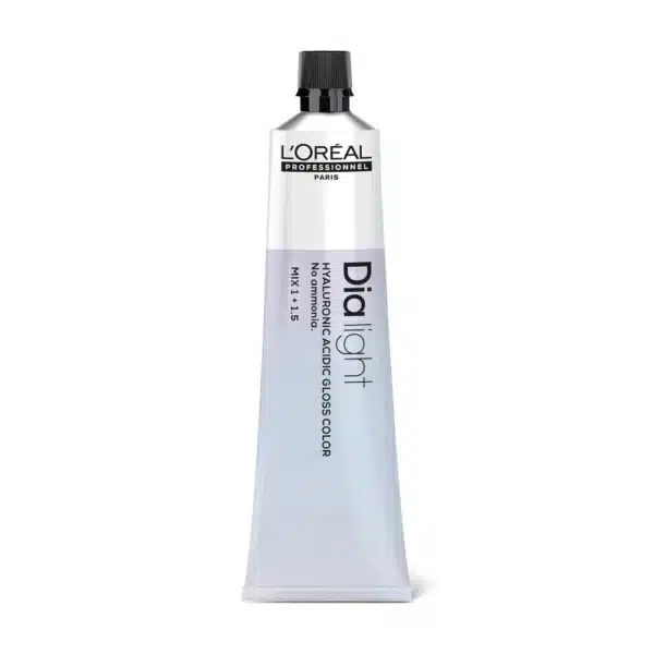 L'Oréal Professionnel Dia Light hair color tube with Hyaluronic Acid Gloss Color branding and black cap, standing upright on a white background.