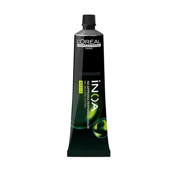 Tube of L'Oréal Professionnel INOA no-ammonia permanent hair color, black-green packaging visible.