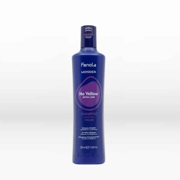 Blue Fanola No Yellow shampoo bottle with pump top against a light gray background.