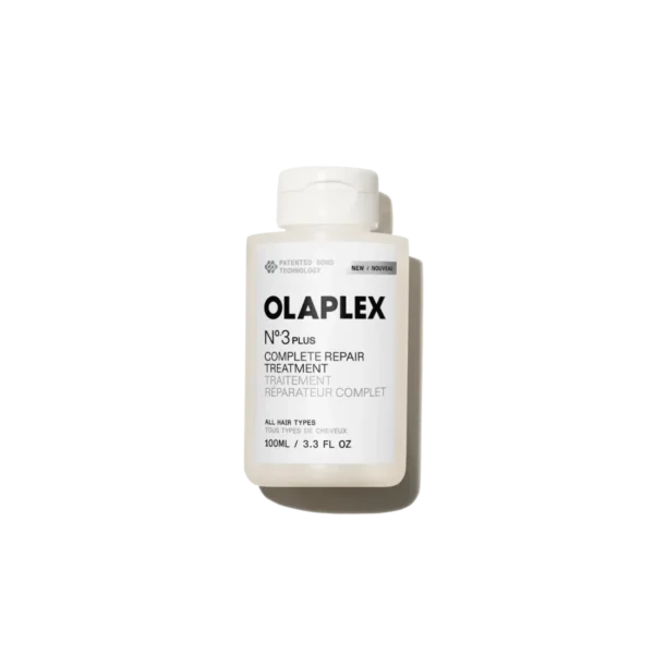 Olaplex No.3 Plus Complete Repair Treatment bottle on white label against a black background