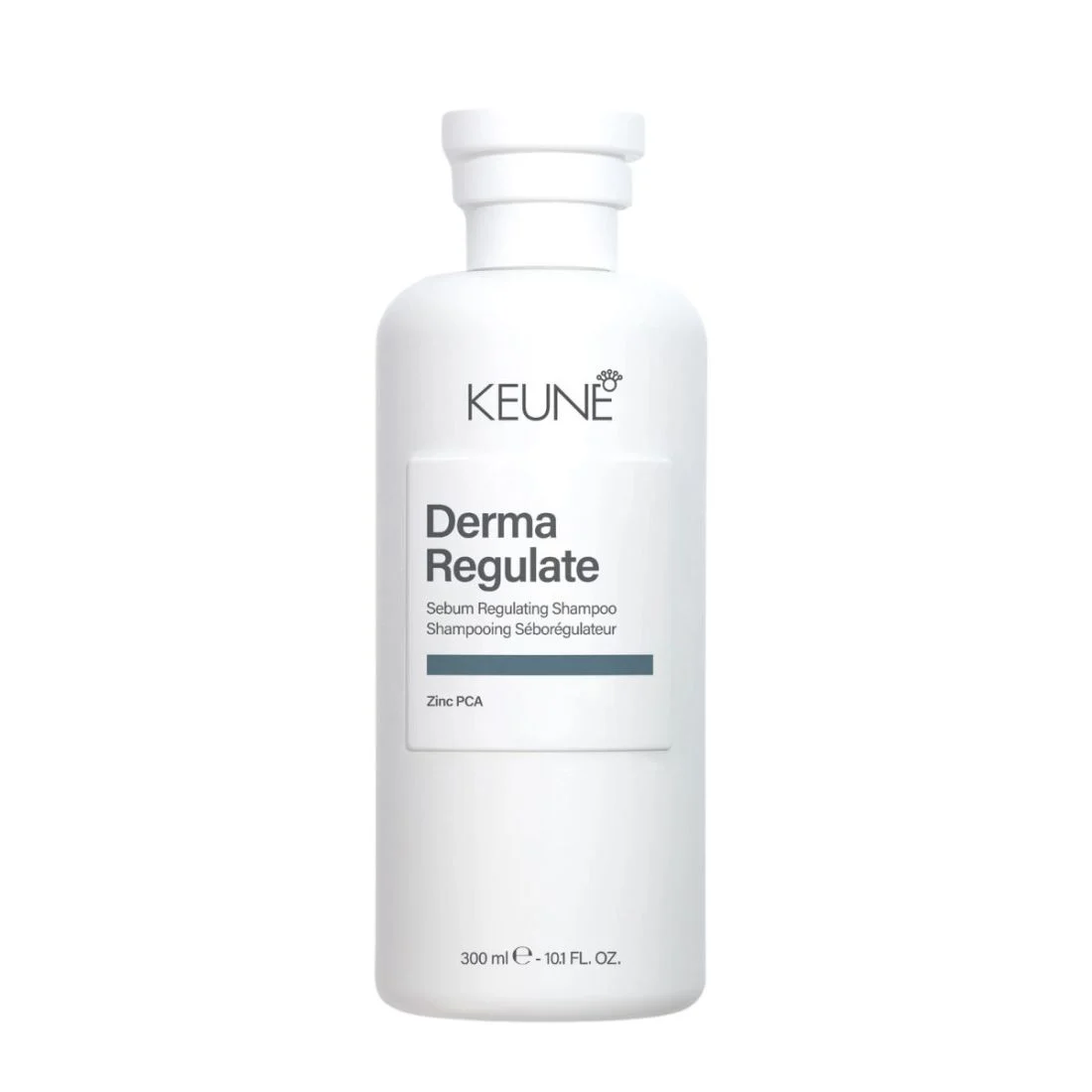 8719281128427_1774609910 - GoHair.gr White KEUNE Derma Regulate shampoo bottle with label, zinc PCA, 300 ml on a white background