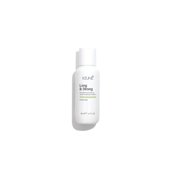 White Keune bottle labeled "Long & Strong" shampoo with pump top, product for strengthening hair (Centella Asiatica)