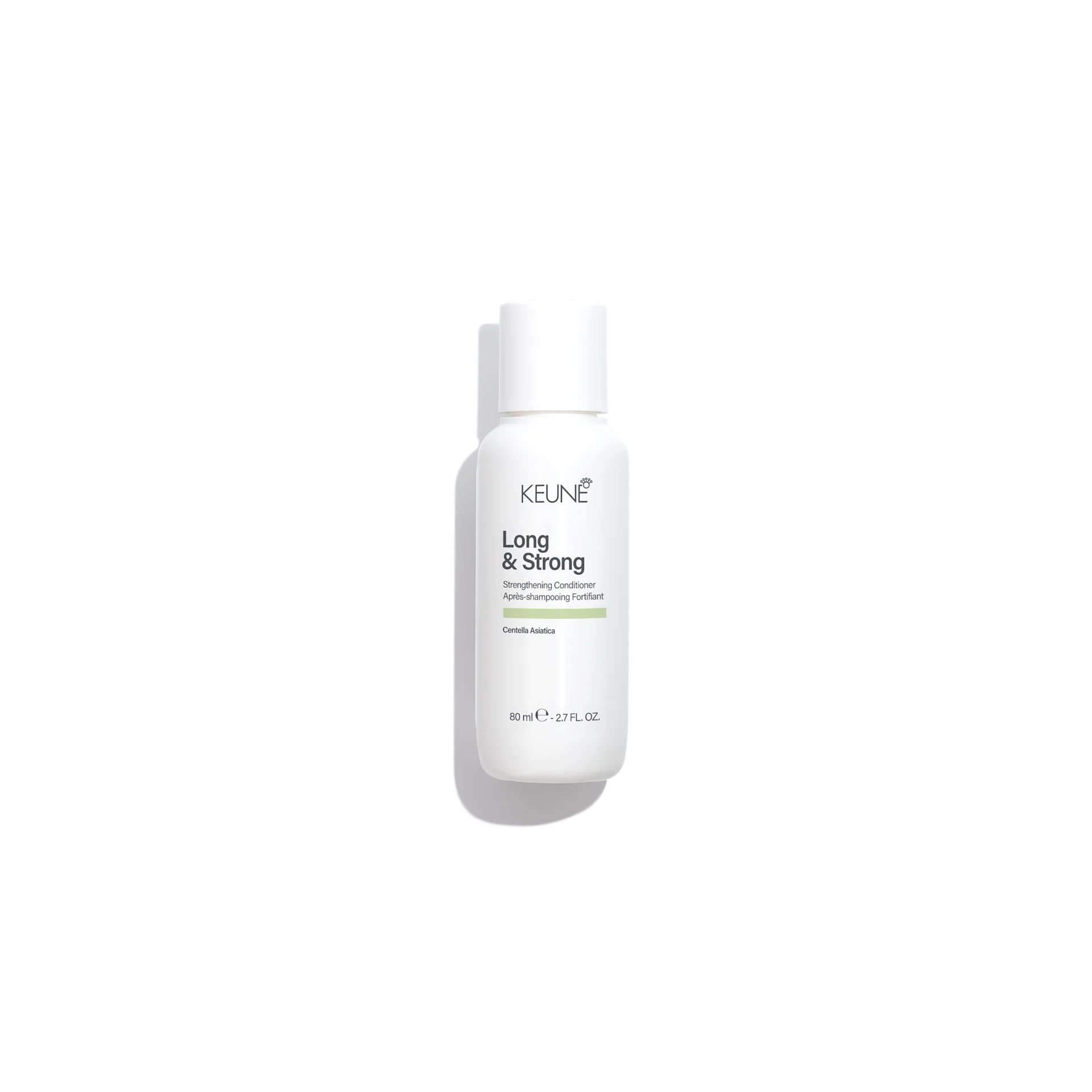 Care-Long_Strong-Conditioner-80ml - GoHair.gr White Keune bottle labeled "Long & Strong" shampoo with pump top, product for strengthening hair (Centella Asiatica)