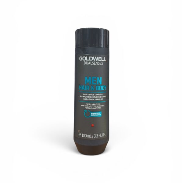 Bottle of Goldwell Dualsenses Men Hair & Body Shampoo, black cylindrical container with blue text visible on label