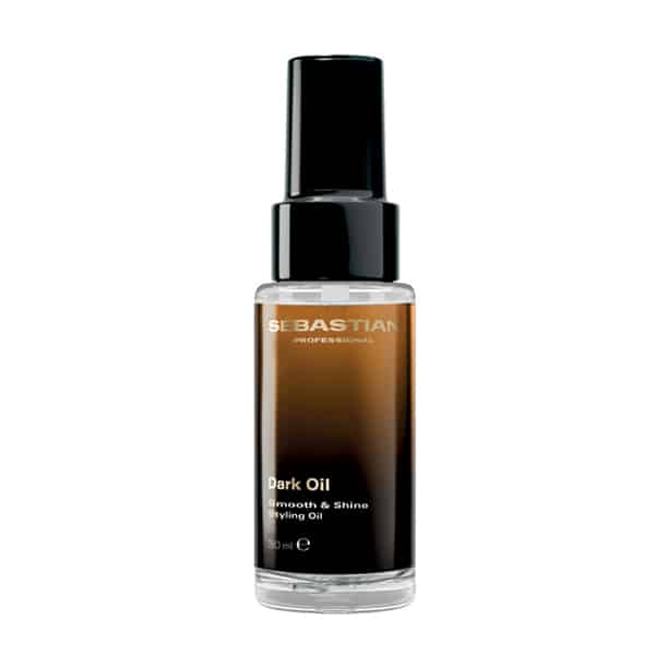 Sebastian Dark Oil styling oil bottle with a dark brown gradient label and black cap.