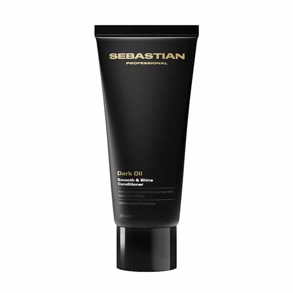 Sebastian Professional Dark Oil conditioner tube, black with gold logo, labeled 'Dark Oil Smooth & Shine Conditioner'