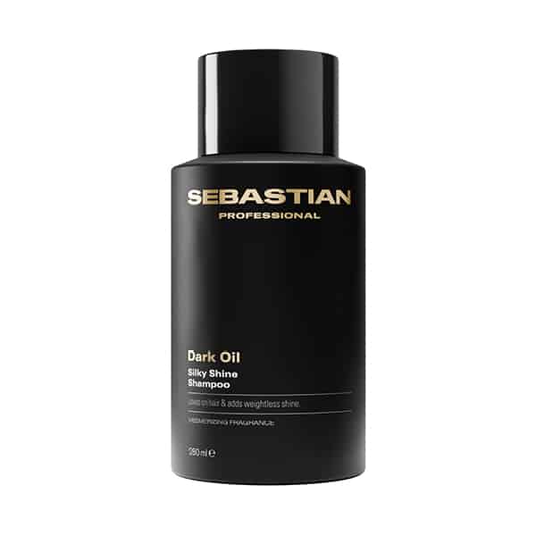 Sebastian Professional Dark Oil Silky Shine Shampoo bottle (black) with gold logo, 250 ml capacity on white background