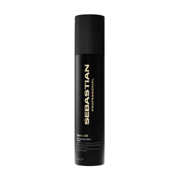 Sebastian Professional Dark Oil hair product bottle, black with vertical gold logo, standing upright on a white background.