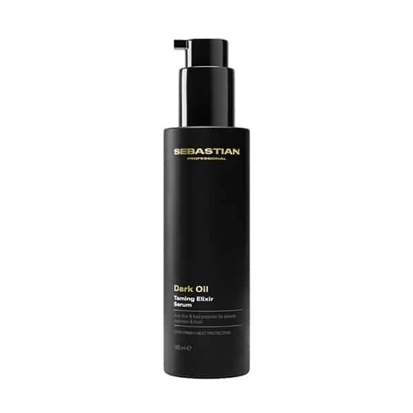 Sebastian Dark Oil Taming Elixir serum bottle with pump on a white background (black bottle)
