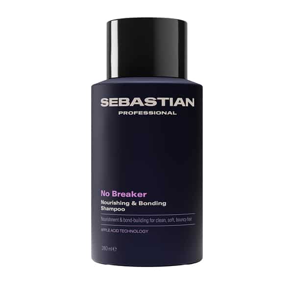 Sebastian Professional No Breaker Nourishing & Bonding Shampoo bottle with black cap, dark navy container.