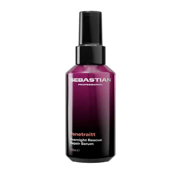 Sebastian Professional Penetraitt Overnight Rescue Repair Serum bottle with a purple-to-black gradient and black cap.