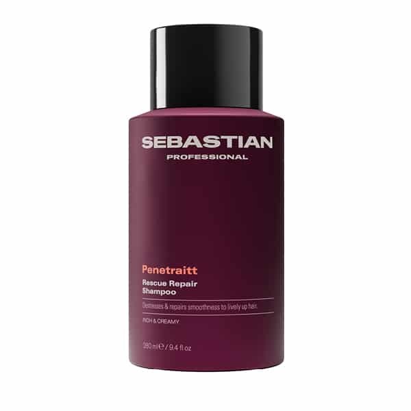 Sebastian Professional Penetraitt Renewal Repair Shampoo bottle in a dark burgundy container with a black cap
