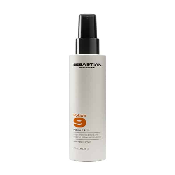 Sebastian Potion 9 Life spray bottle, white cylindrical bottle with a black spray cap (hair product).