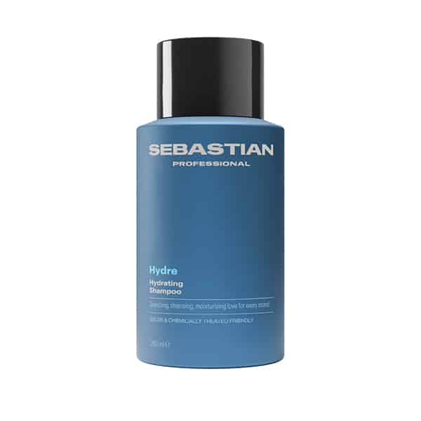 Sebastian Professional Hydrate Shampoo bottle, blue container with a black cap, labeled Hydrate.