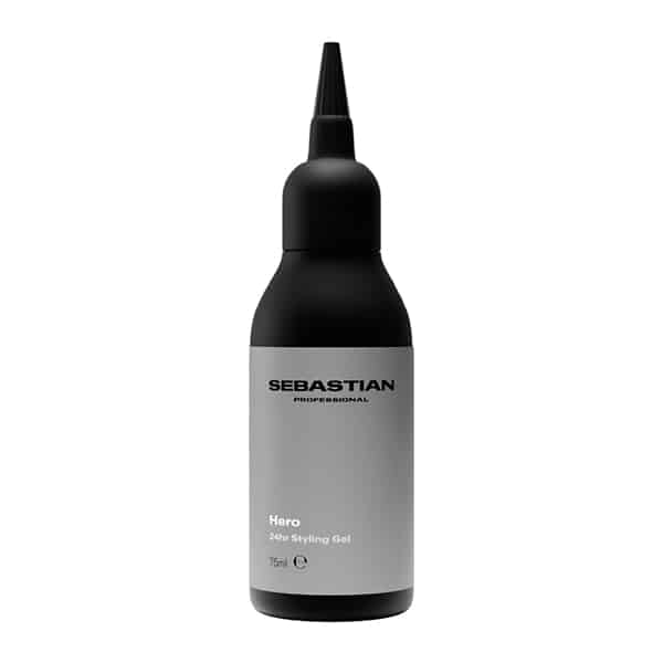 Black bottle of Sebastian Professional Hero hair styling gel with a gray label that reads Hero Hair Styling Gel, 75 ml