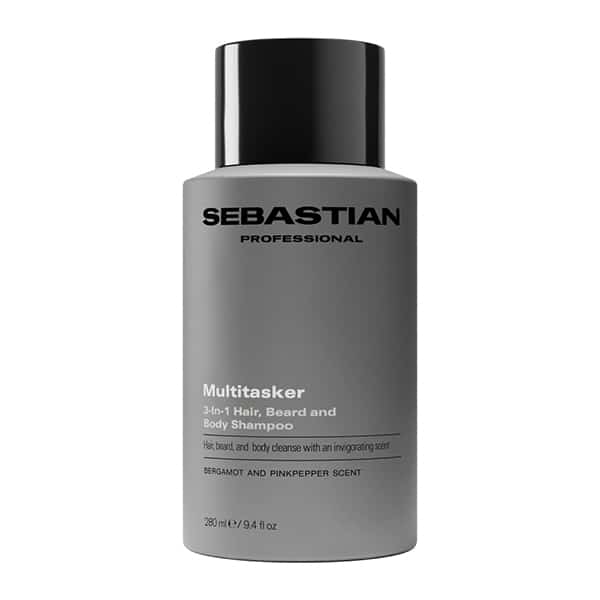 Sebastian Professional Multitasker bottle for hair, beard and body 3-in-1 shampoo, bergamot and pink pepper scent, gray bottle with black cap