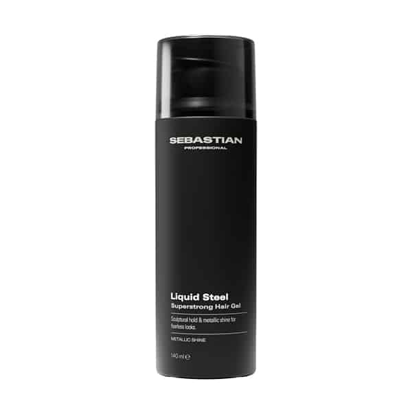 Sebastian Professional Liquid Steel hair gel bottle, black cylindrical container with pump cap, 150 ml