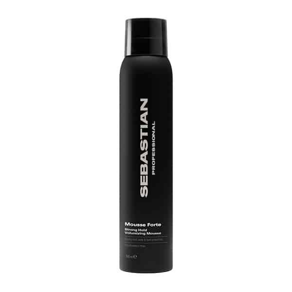 Black cylindrical Sebastian Professional Mousse Forte bottle with white vertical logo and product name, a styling mousse for strong hold