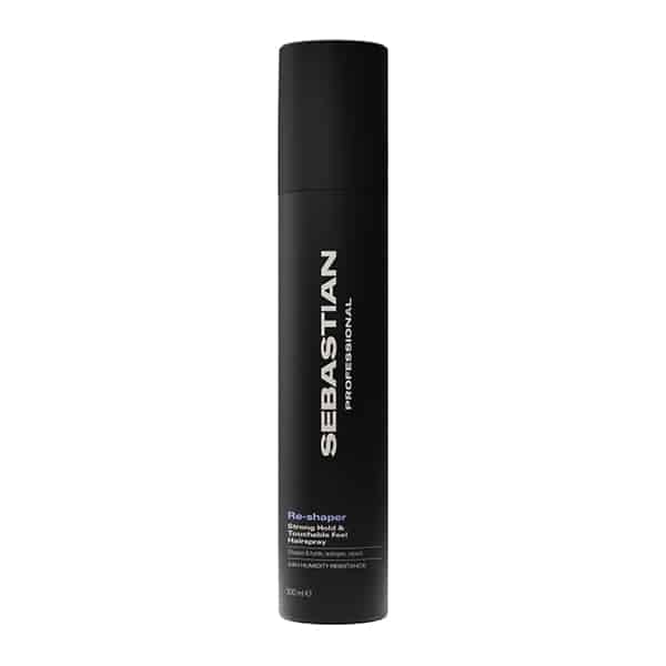 Sebastian Professional Re-shaper hairspray bottle, black cylindrical can with white branding, standing upright.