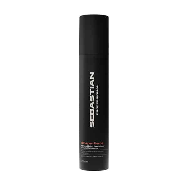 Black cylindrical can of Sebastian Professional Shaper Fierce hairspray, with a vertical white logo and product name on the label.