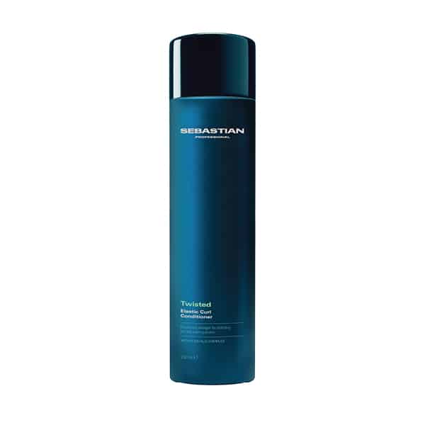 Blue cylindrical bottle of Sebastian Twisted Creative Conditioner with a dark cap.