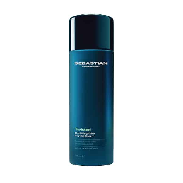 Sebastian Professional hair product bottle (Twisted Curl Maker Styling Cream) with dark cap, blue bottle on white background