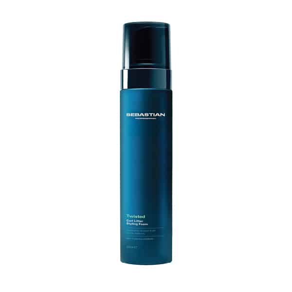 Blue bottle of Sebastian Twisted hair styling foam with a dark pump dispenser on a white background - a professional hair product.