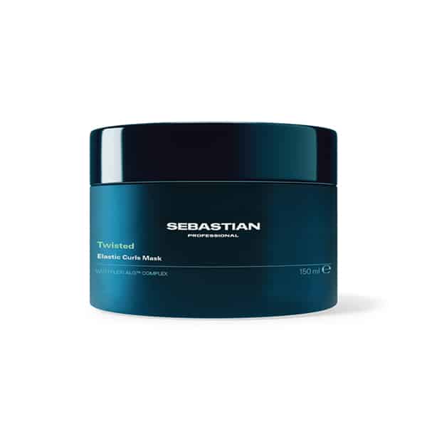 Sebastian Twisted Elastic Curls Mask jar in turquoise with white text on a white background, 150 ml